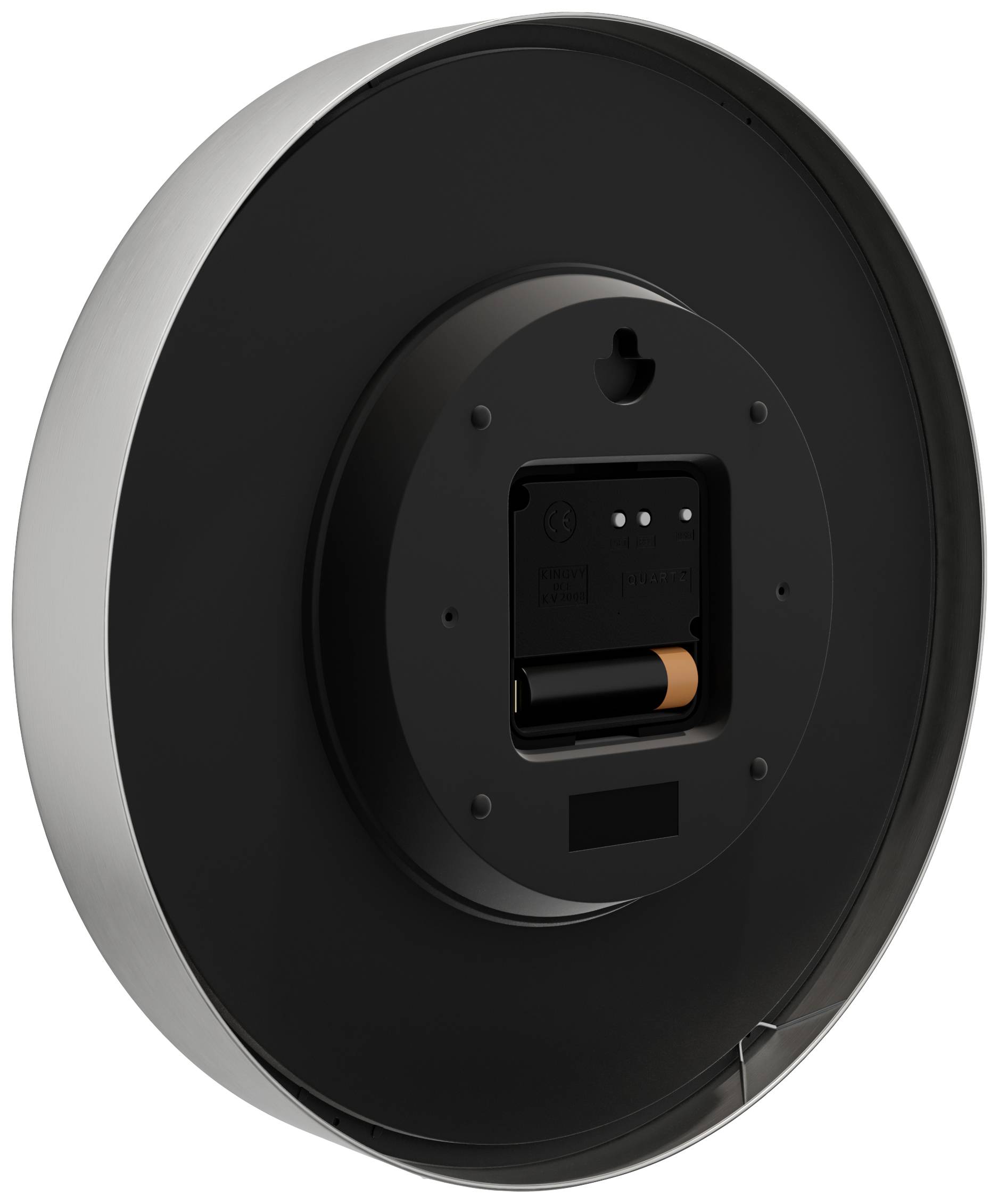 Back of a round clock with a battery compartment containing a single AA battery.