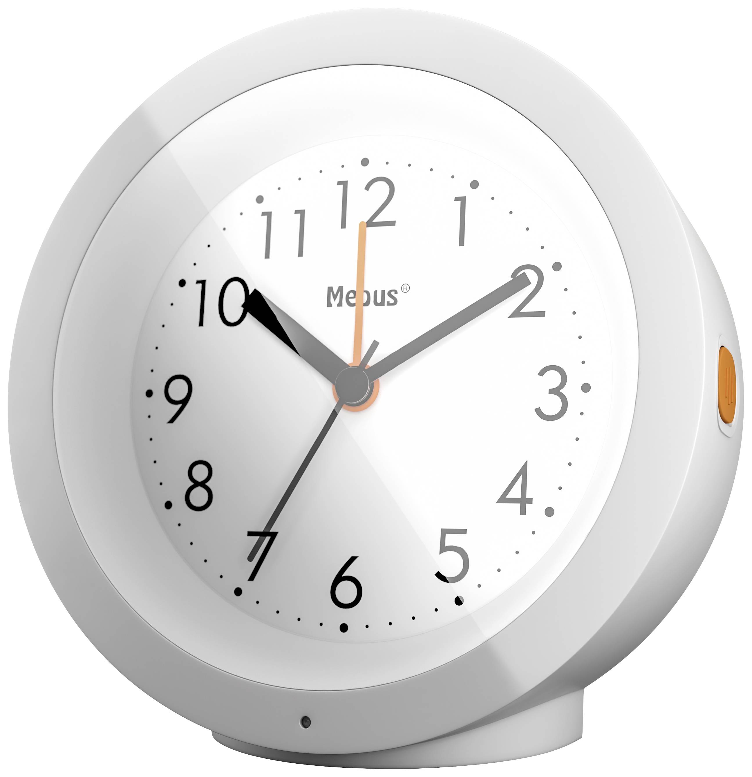 A round white alarm clock shows the time as 10:09. The clock has a simple dial with black numbers and hands.