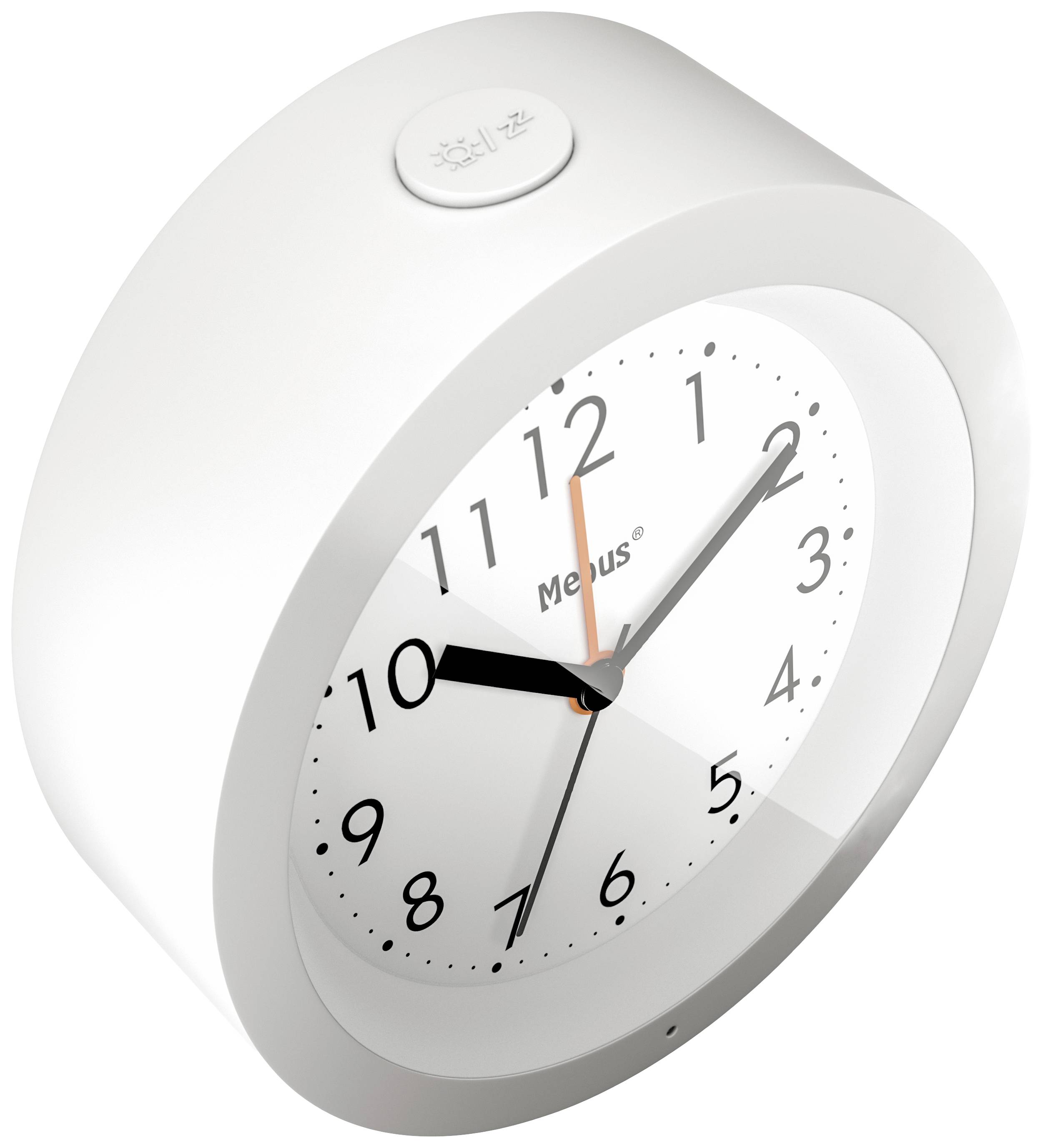 A white alarm clock with rounded edges shows the time as 10:10. On the dial, it reads 'Meius'. An orange second hand points to 8.