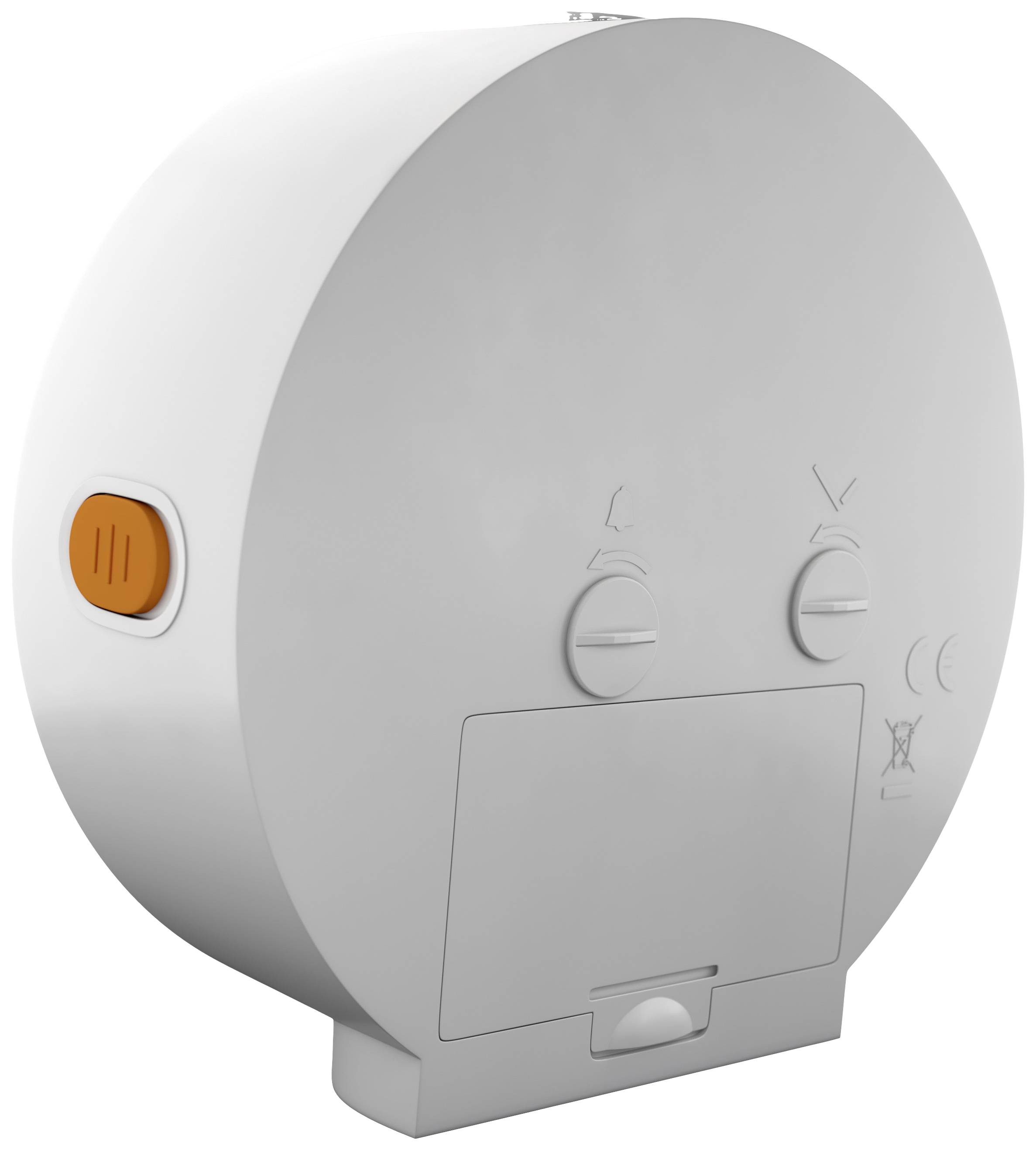 A white, oval device with two round adjustment knobs and an orange button on the left, used for control or measurement.