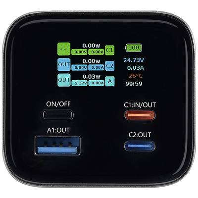 A digital charger display shows current and voltage values, with two USB ports (A1, C1) and a temperature reading of 26°C.