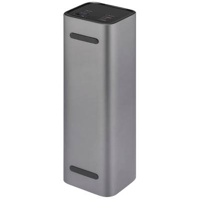 Grey, cylindrical power bank with USB and USB-C ports on the top surface, suitable for charging mobile devices.