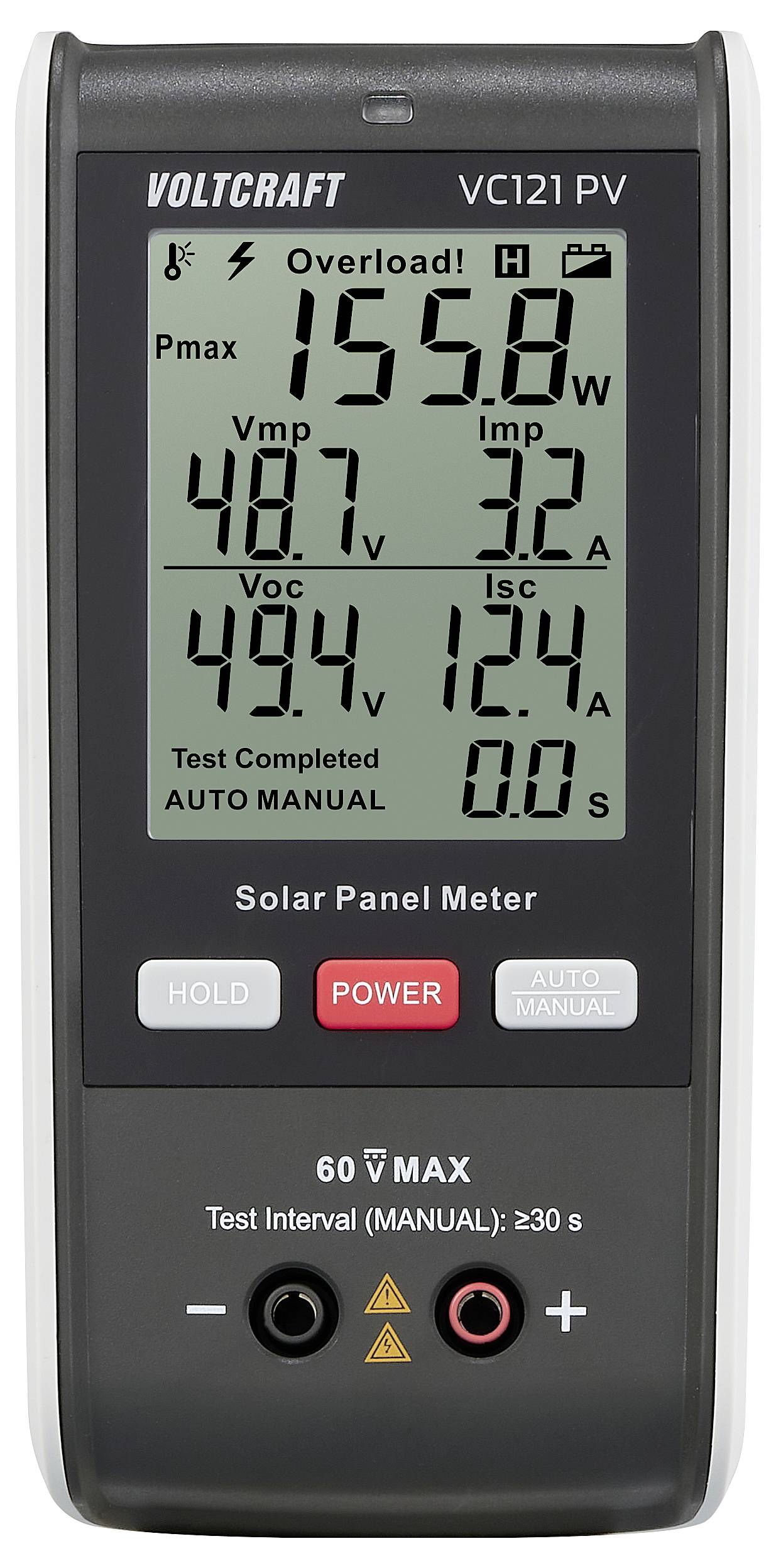 Solar panel measuring device shows readings: Maximum power 155.8W, voltage 48.7V, current 3.2A. Automatic test interval 60 seconds.