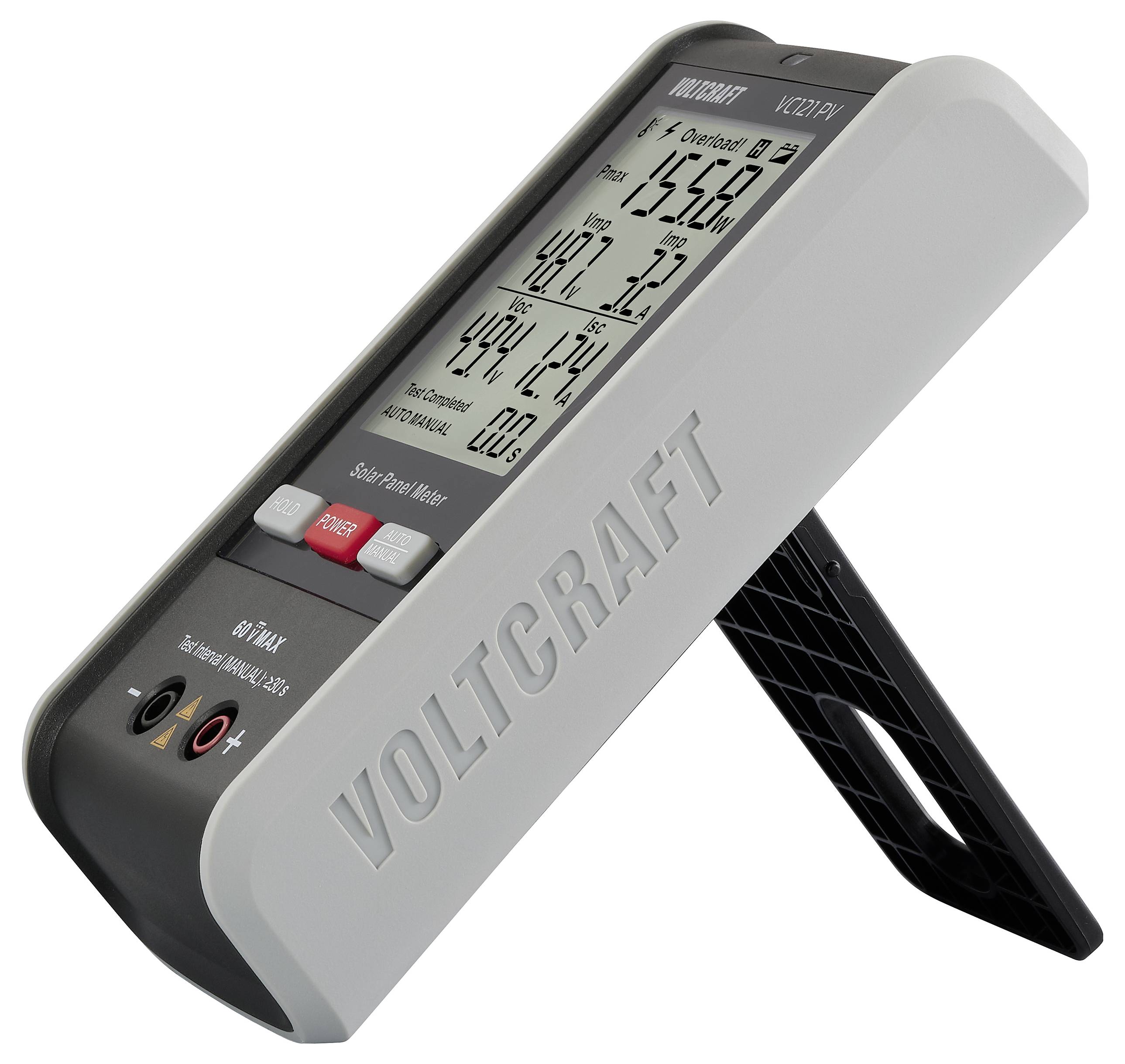 'VOLTCARFT' Solar Power Meter, Model SP-300, shows a display measuring 155.28 W/m². Device positioned at an angled stand.