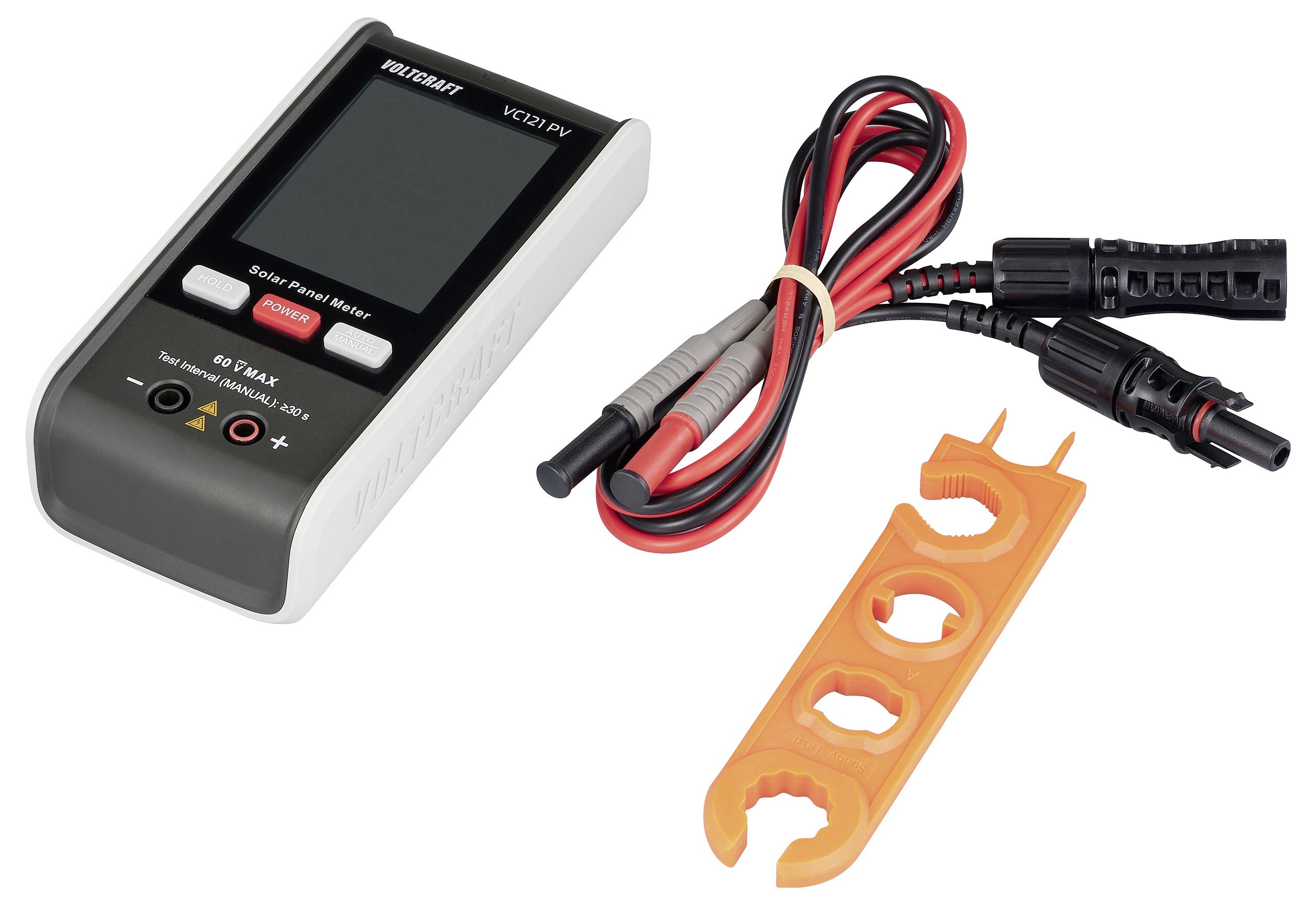 A solar panel measuring device with a digital display, three buttons, and connections. Beside it are cables with crocodile clips and an orange tool.