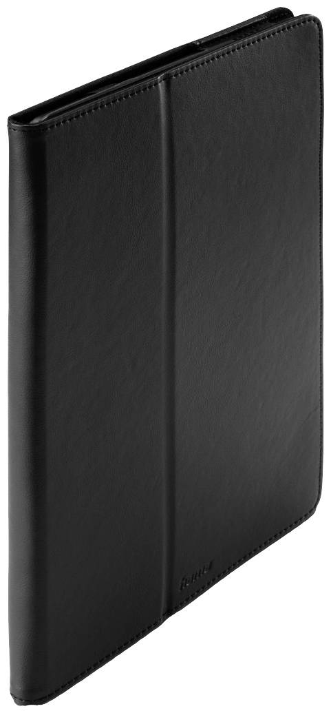 A sleek, black leather tablet case with a protective flap, opened to the left side.
