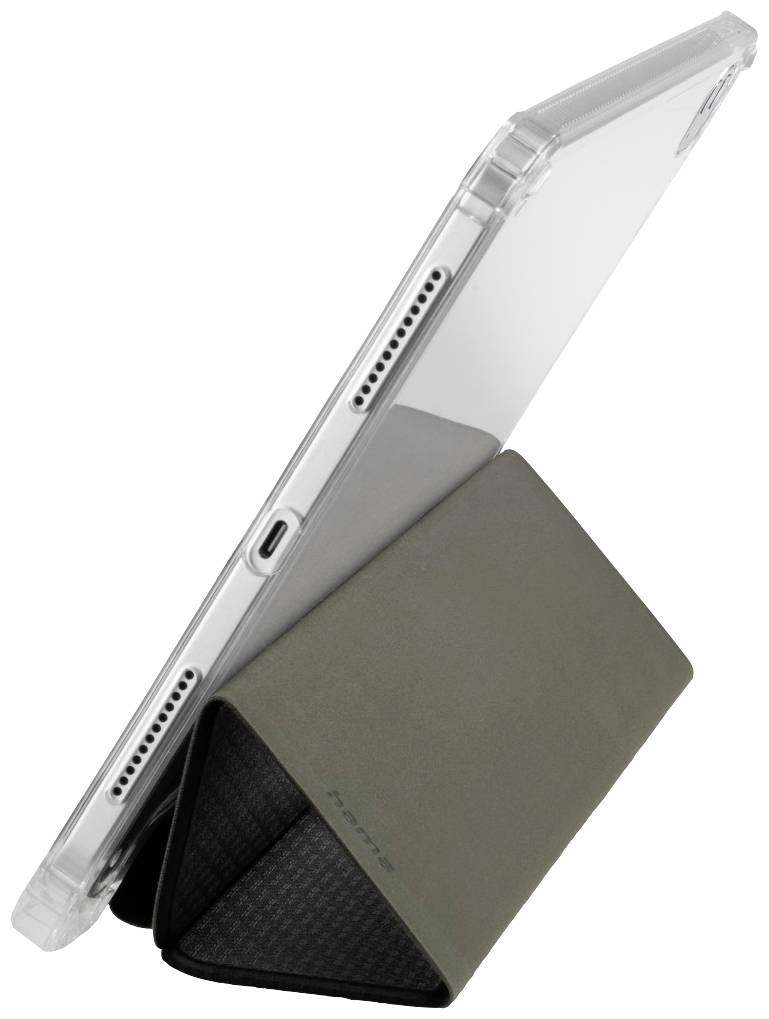 Tablet viewed from the side with a transparent protective cover that serves as a stand in a triangular position.