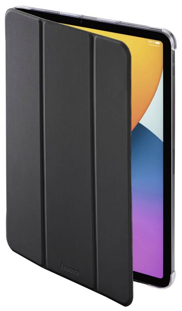 A tablet with a black protective case, slightly open. The screen displays colourful, abstract shapes.