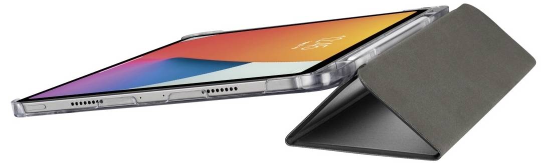 A tablet with a colour screen is shown in a transparent case and a black folding cover that serves as a stand.