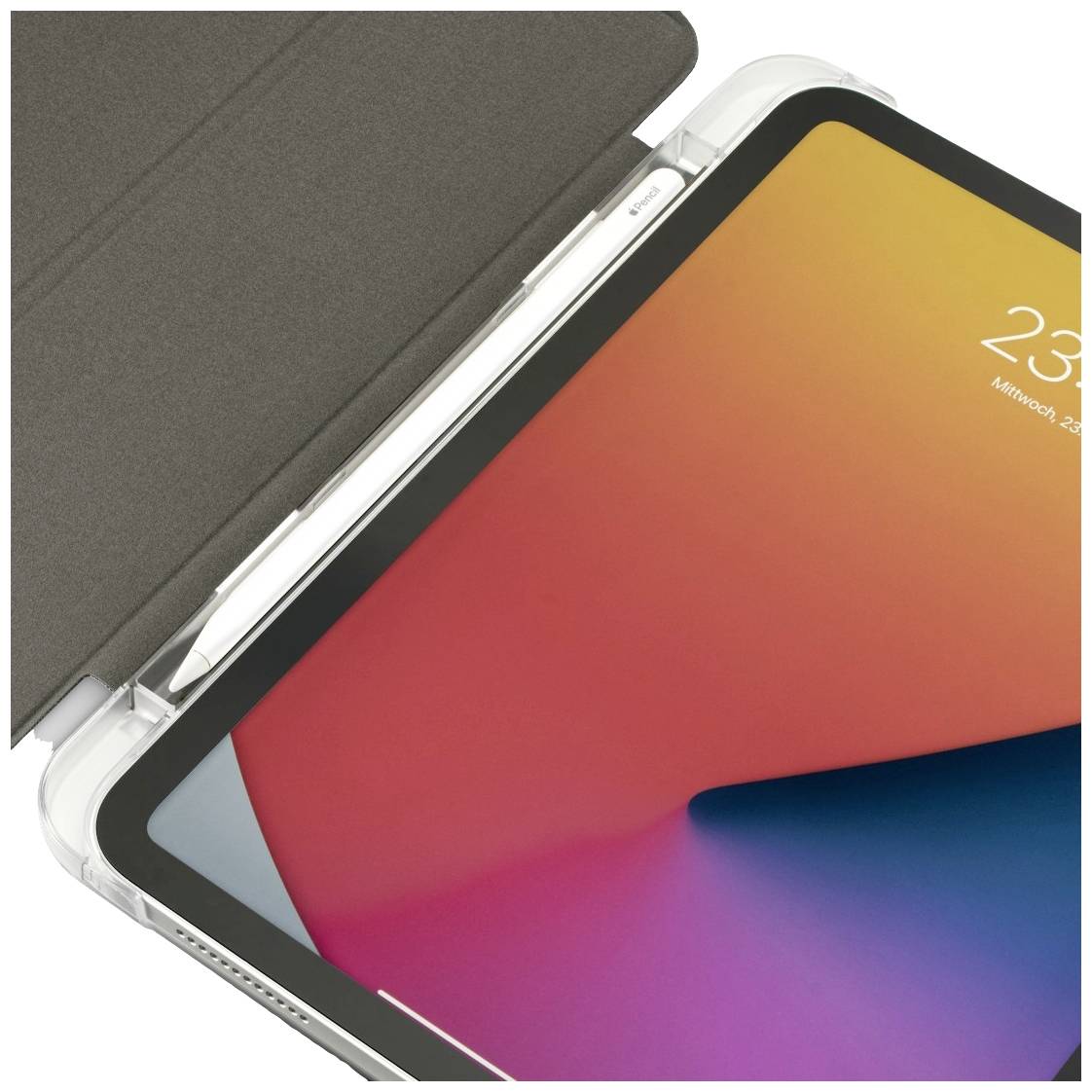 A tablet in an opened black protective case displays a colourful screen saver. A stylus is attached at the edge.