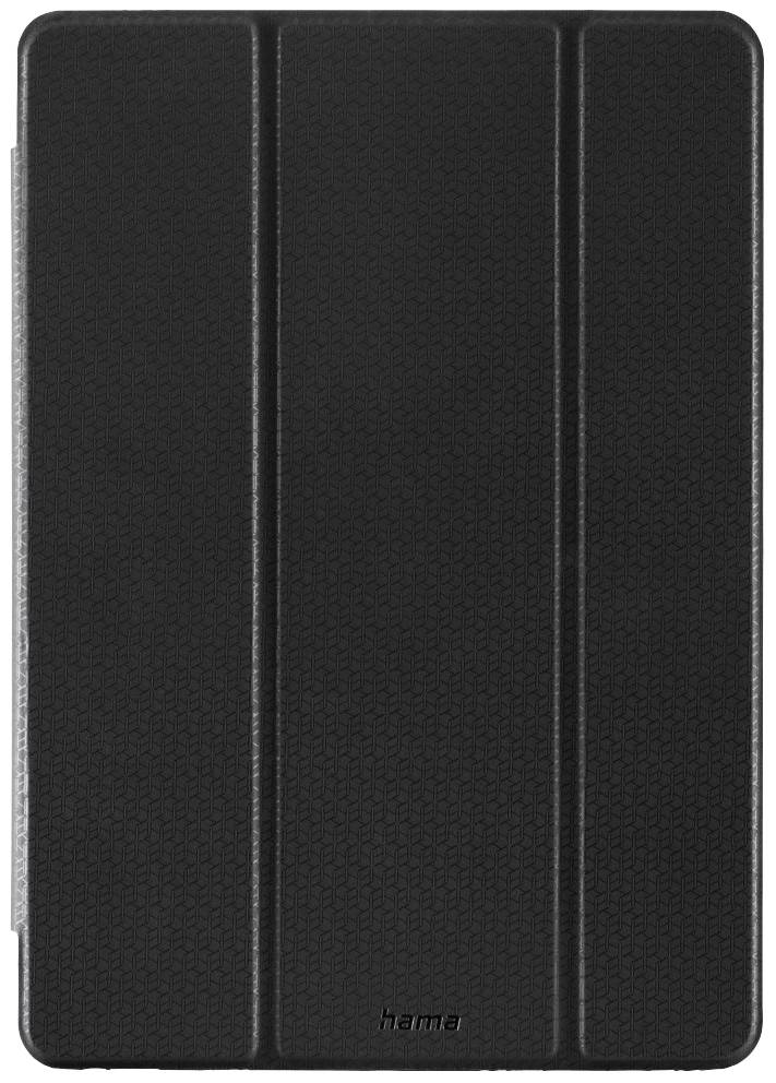 A black tablet case with a minimalist design, tri-folded, provides protection and functionality.