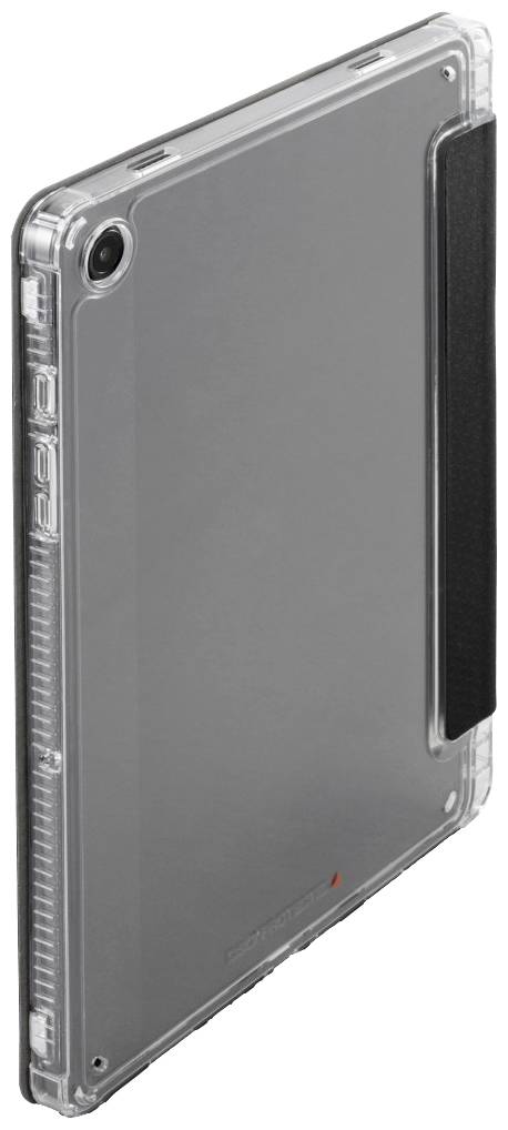 A transparent protective case for a tablet, with reinforced corners and a black side strap.