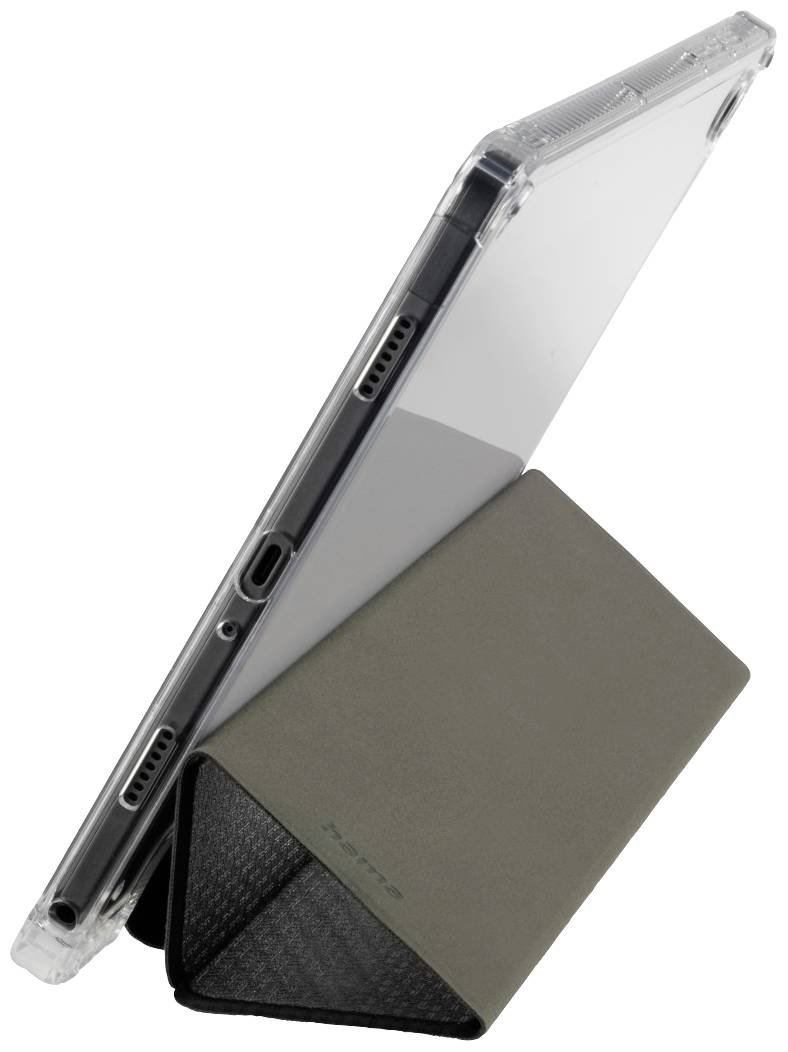 Tablet in a transparent protective case, positioned sideways in a foldable, rectangular stand.