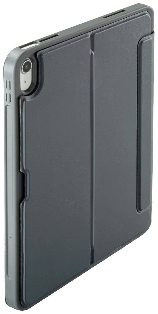 Grey tablet with protective case, standing upright. The camera is visible in the top left, and the case has a matte surface.