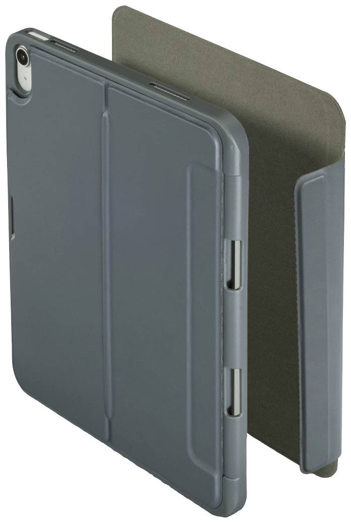 A tablet case in dark grey with a folding stand, suitable for tablets. It provides protection and allows the device to be propped up.