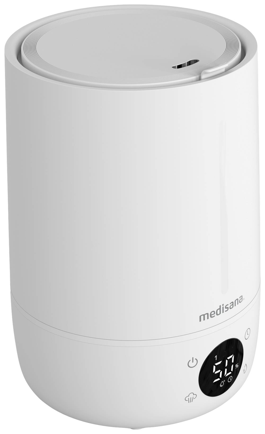 A white air humidifier with a digital display at the bottom, showing 50% humidity. A control knob on the right.