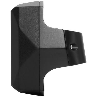 Side view of a black, rectangular device, presumably an electronic accessory with a smooth, geometric surface.
