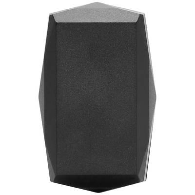 A black, hexagonal object with a smooth surface that appears like a prismatic gemstone.