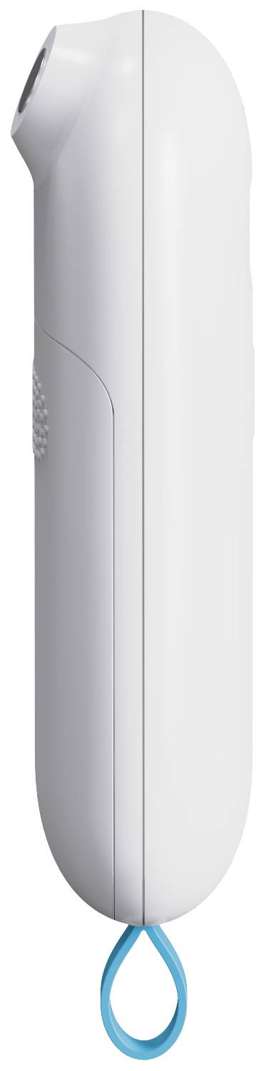 White, rounded electronic device with a blue loop at the end, side view.