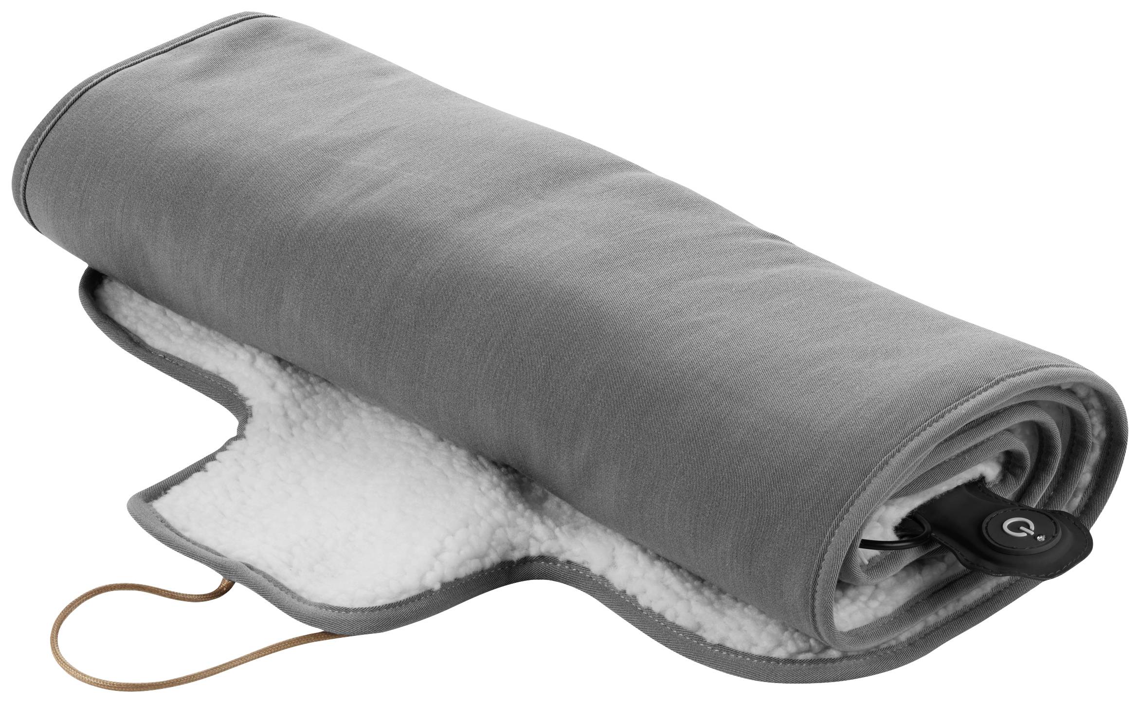 A grey, rolled thermal blanket with soft lining and plug, ready to use for warmth and comfort.