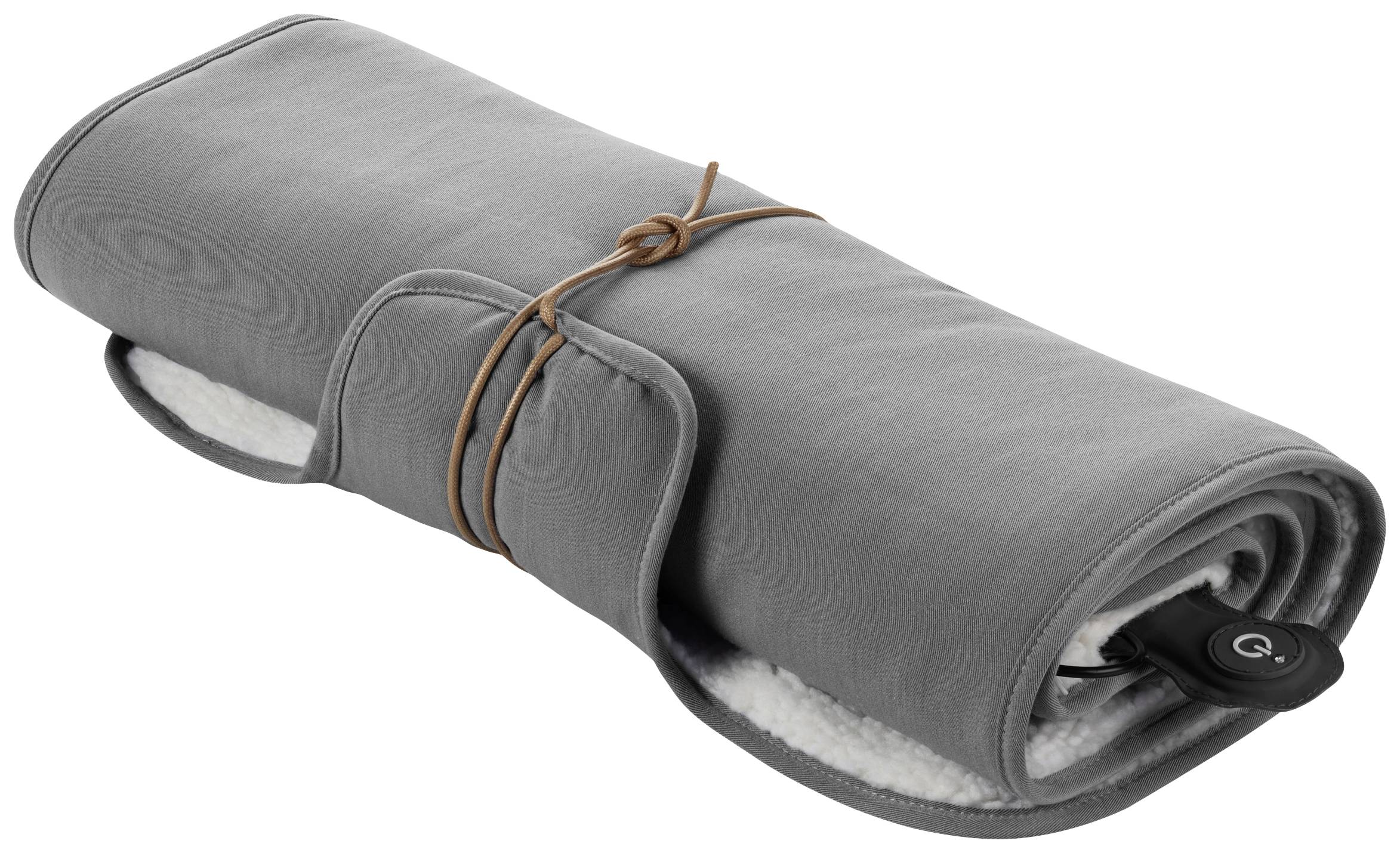 A grey, rolled-up blanket with an integrated control element. It is tied together with a brown ribbon.