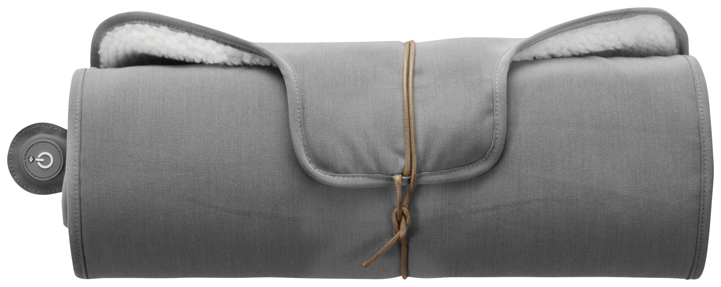 Grey, rolled blanket secured with a leather strap. On one side, there is a loop with a power on/off button.