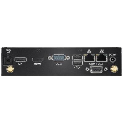 'Back of a device with connections: DP, HDMI, COM, USB, VGA and DC IN. Two antenna connections and various serial ports.'