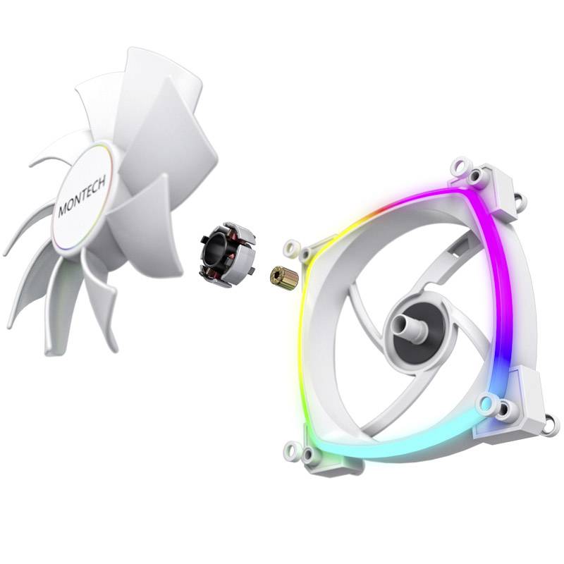 A white computer cooling fan with RGB lighting and removable parts, showing the construction and individual components.
