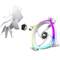 A white computer cooling fan with RGB lighting and removable parts, showing the construction and individual components.