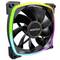 Black PC fan with five rotor blades. Brand text 'MONTECH' in the centre. Framed by a glowing, multi-coloured LED strip.