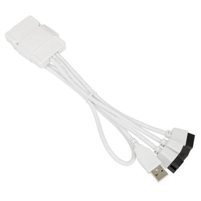 A white USB to RGB cable with four connectors, suitable for connecting and controlling LED light strips to a computer.