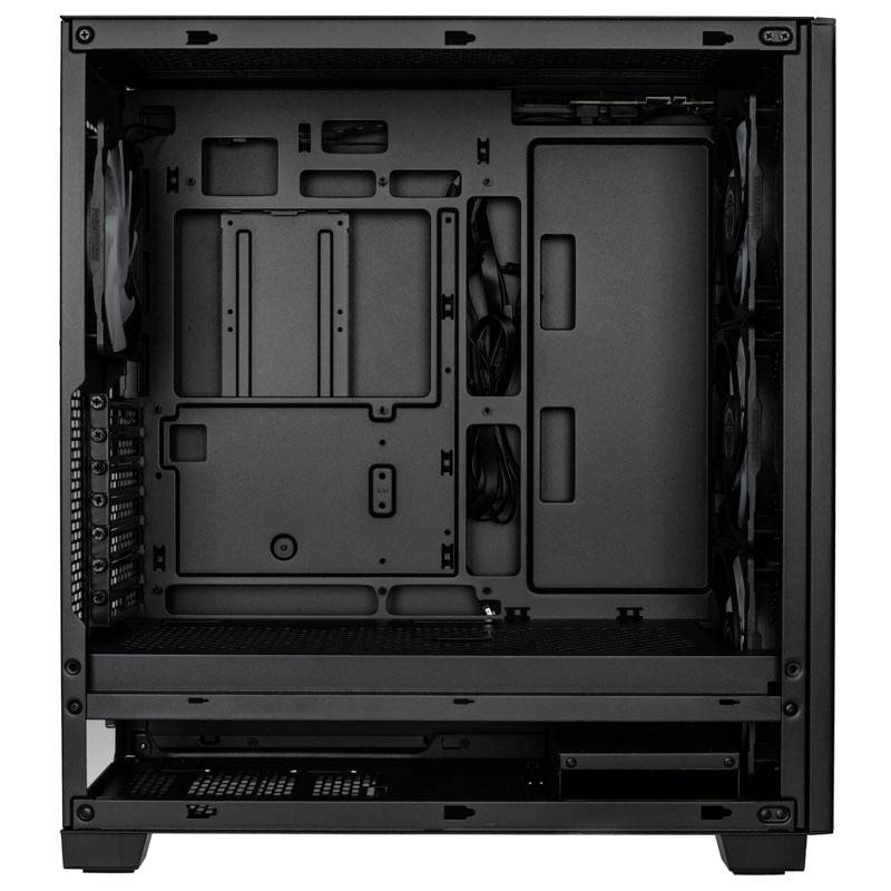 Empty black computer case with multiple fan mounting points and cable management options, ready for component installation.