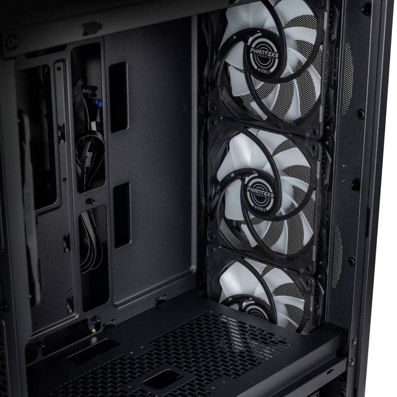 An open computer case with three built-in fans. The fans are vertically aligned and contribute to cooling the system.
