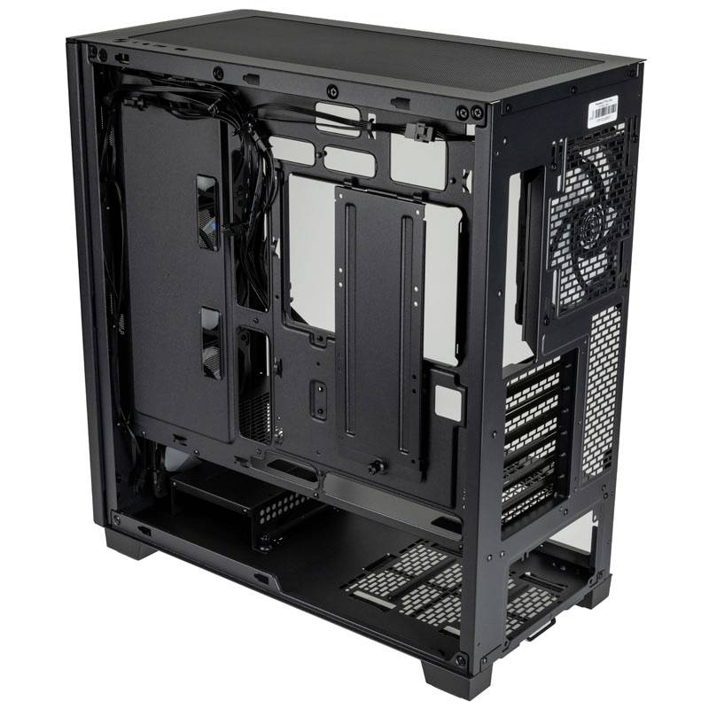 Black computer case without components, showing rear side with cable management and fan placements.