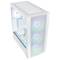 A white PC case with a side glass window and RGB-illuminated fans.