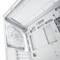 A white PC case with an exposed fan and space for a motherboard. Ventilation slots and cable management cutouts are visible.