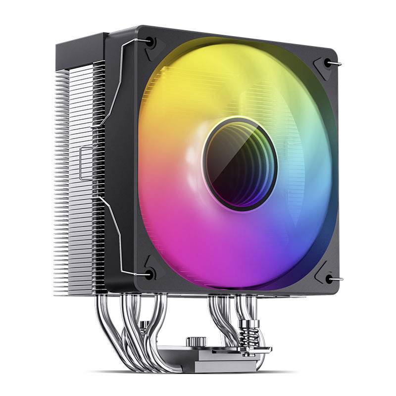 A CPU cooler with a fan displays a rainbow RGB light. Silver cooling fins and multiple heat pipes are visible.