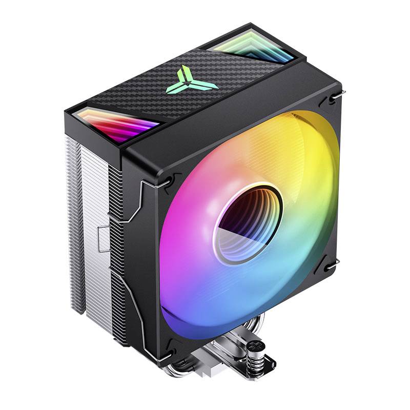 A CPU cooler with RGB lighting, black cooling fins, mounted on a silver base. A glowing logo at the top.