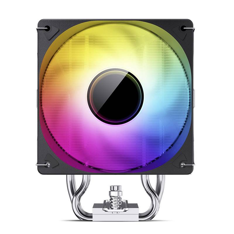 A computer processor cooler with an illuminated fan that glows in various rainbow colours.