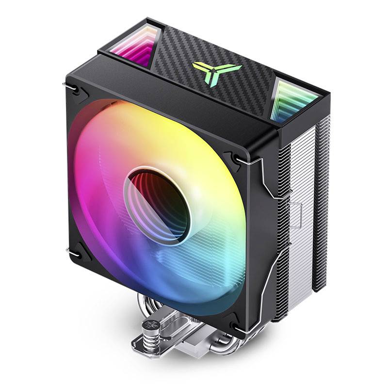 CPU cooler with RGB lighting, showing a fan with rainbow colours in a black case, suitable for computer cases.