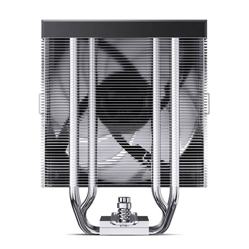 Heatsink with multiple cooling tubes and a fan in the centre, viewed from the front. Used in computers for heat dissipation.