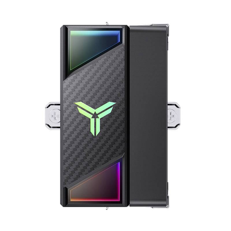 An external hard drive with a modern design and RGB lighting. It features a carbon-textured finish and a glowing logo in the centre.