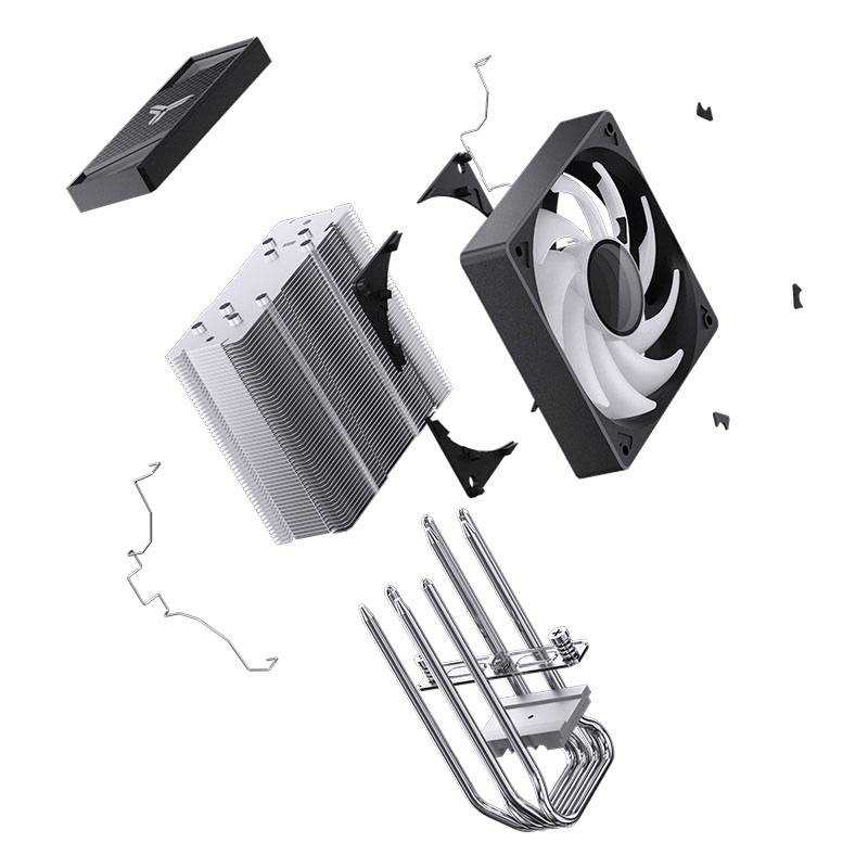Computer cooling system components: Fan, heat pipes, heatsinks and mounting brackets. Displays the elements for heat dissipation.