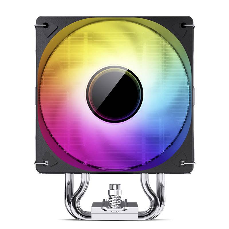 A square CPU cooler with a large, round, multi-coloured illuminated fan. Silver heat pipes are visible.