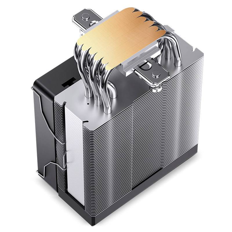 A CPU cooler with multiple heat pipes and a stacked heatsink design made of aluminium and copper, mounted on a black base.