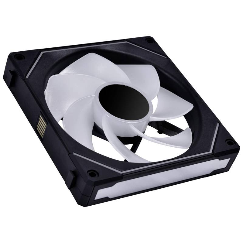 Black computer fan with white blades, square in shape. Contains LED strips on the sides.
