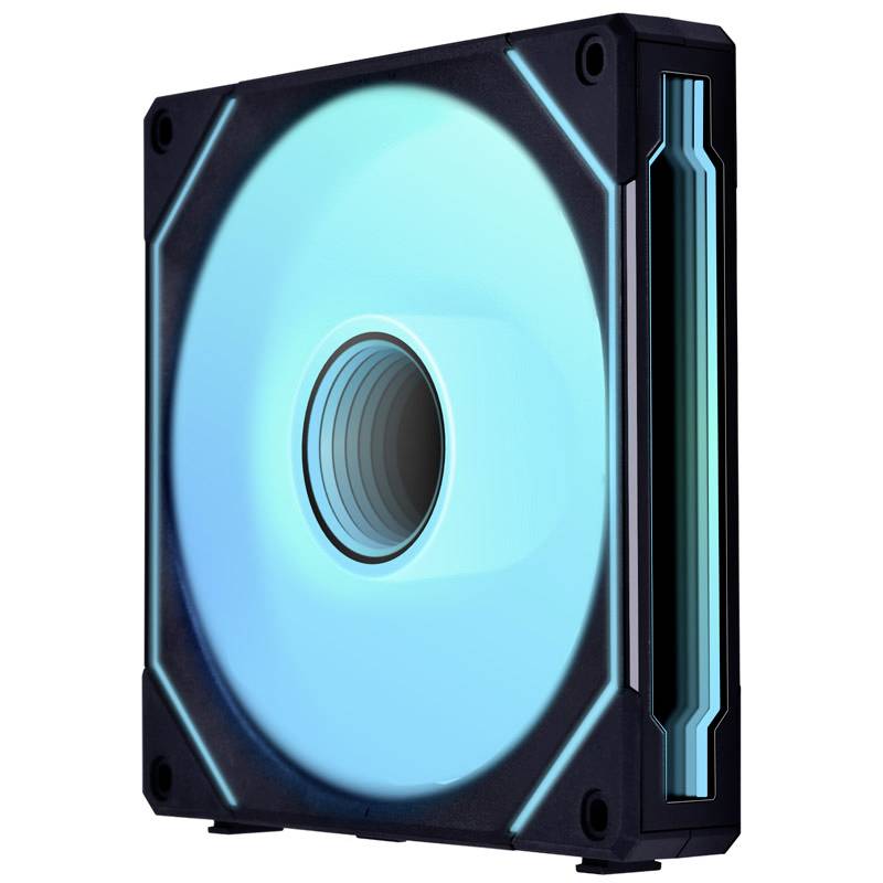 Black and navy computer fan with illuminating LED lighting and side light effect, mounted in a square frame.