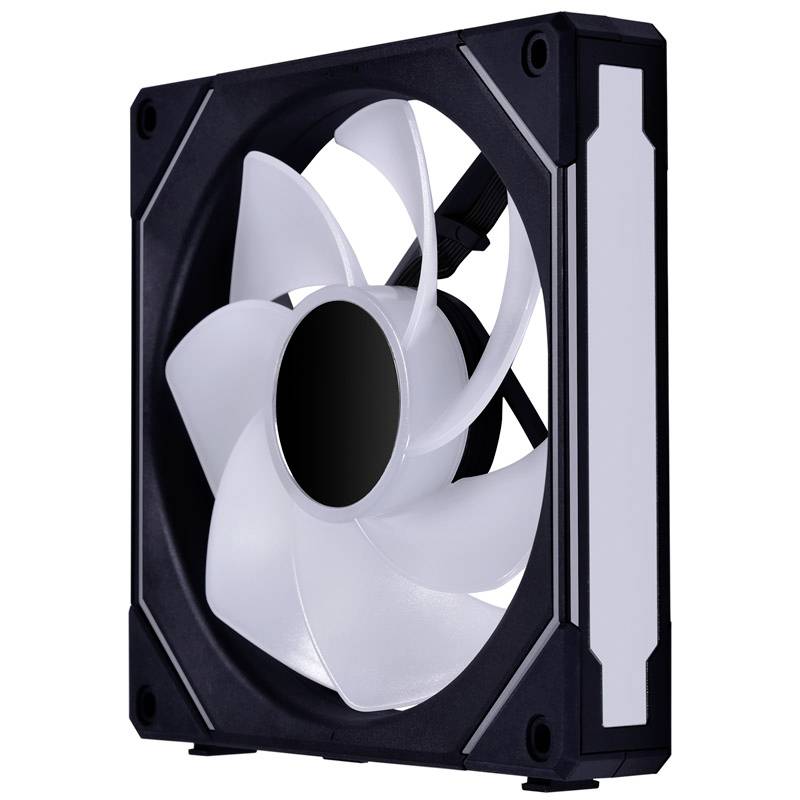 Computer fan in a rectangular housing, black with white fan blades, for cooling computer components.