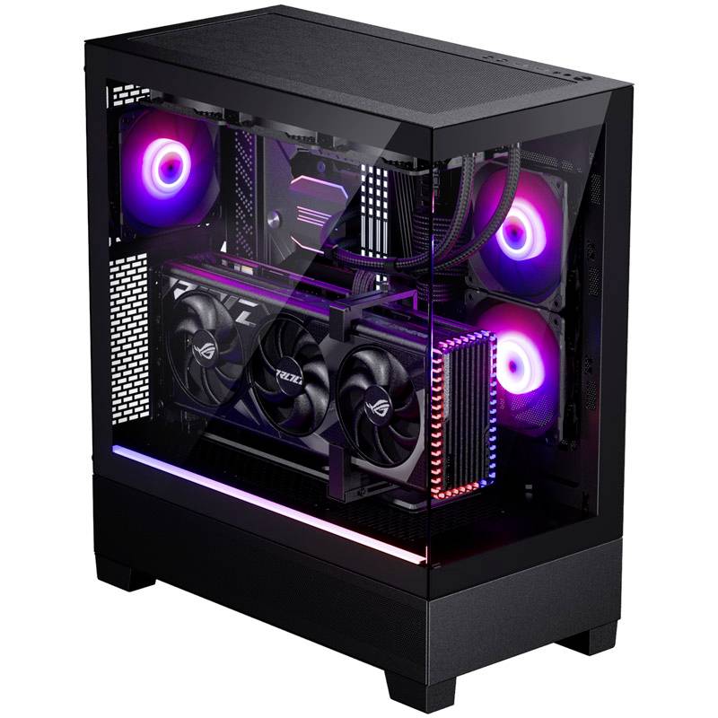 Modern computer case with a transparent side panel, showing RGB-illuminated fans and a high-performance graphics card inside.