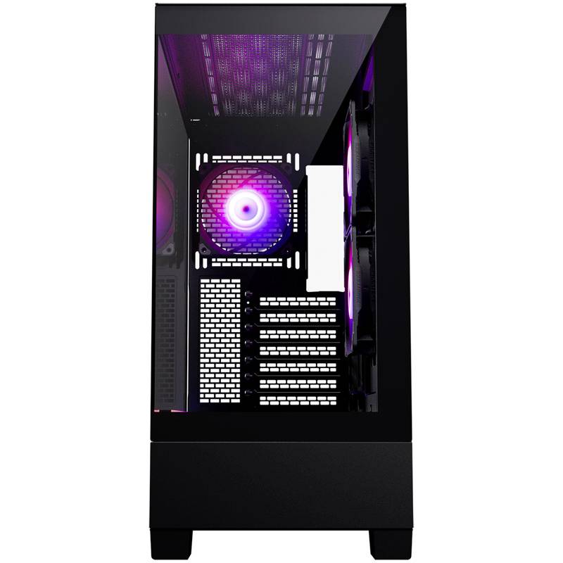 Black PC case with transparent side panel, showing illuminated fans in purple and pink.